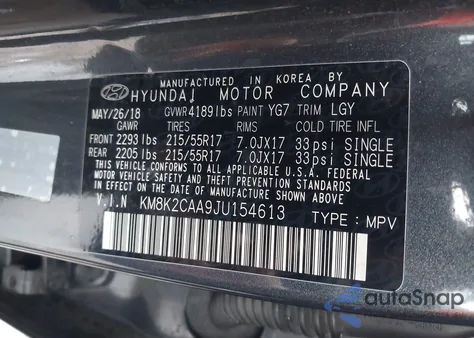 2018 Hyundai Kona Sel z USA, uszkodzony, nr VIN KM8K2CAA9JU154613